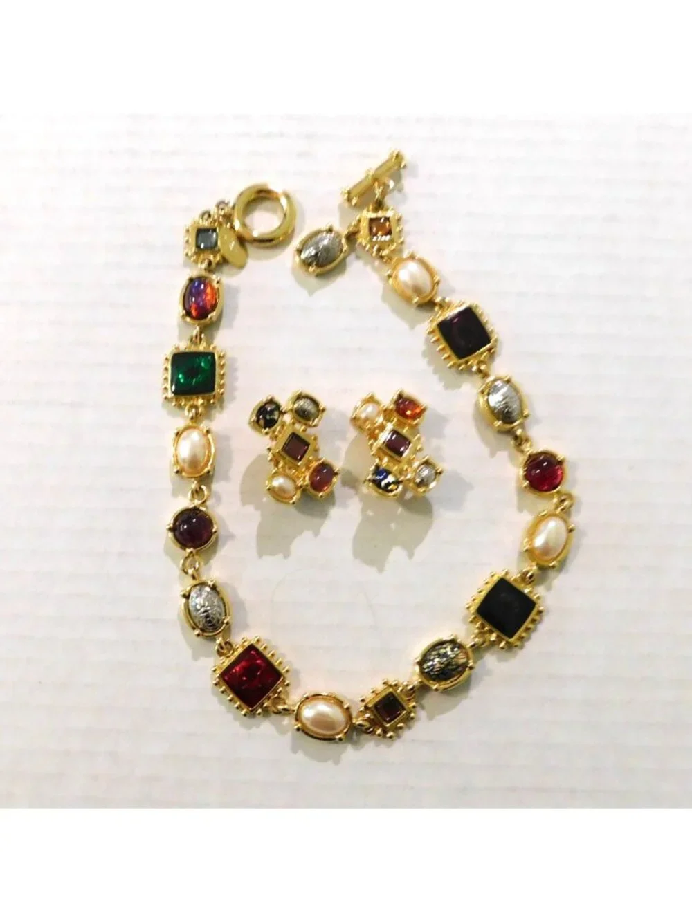 Premier Designs Signed Vintage 1990s Necklace Earrings Multicolor Set Gold-Plate